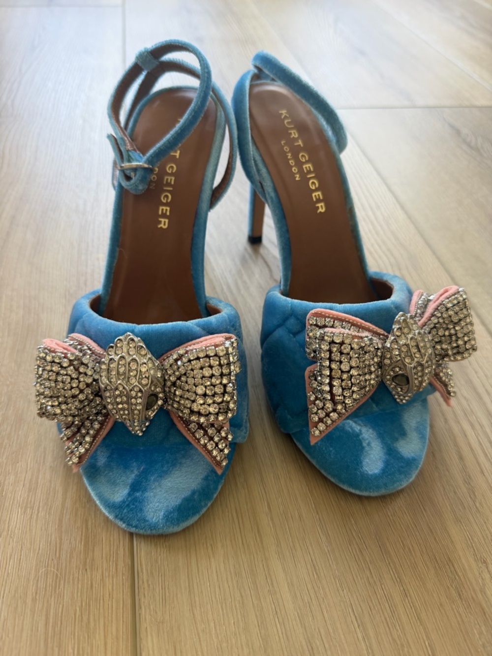 Kurt Geiger Blue Velvet Crystal Bow Slingback Heels with Pink Trim
